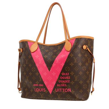 Borsa shopping Louis Vuitton Neverfull in tela Monogram marrone e pelle naturale