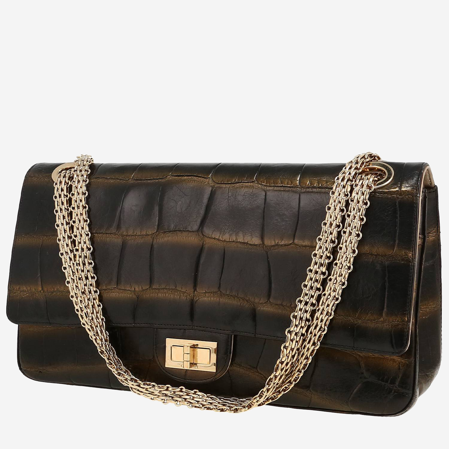 Chanel 2.55 large model shoulder bag in black and gold crocodile