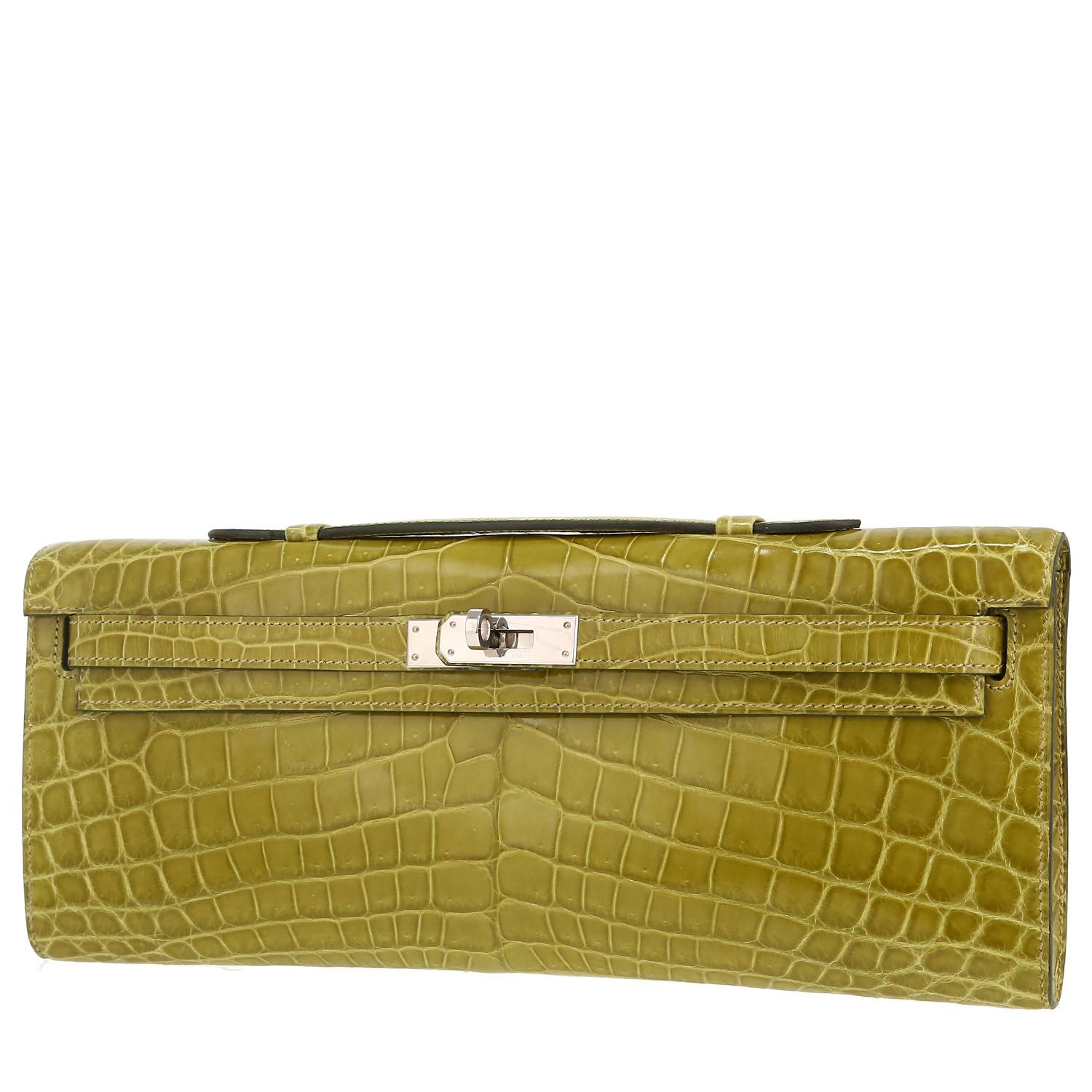 Pochette Hermès  Kelly Cut en crocodile niloticus vert Chartreuse