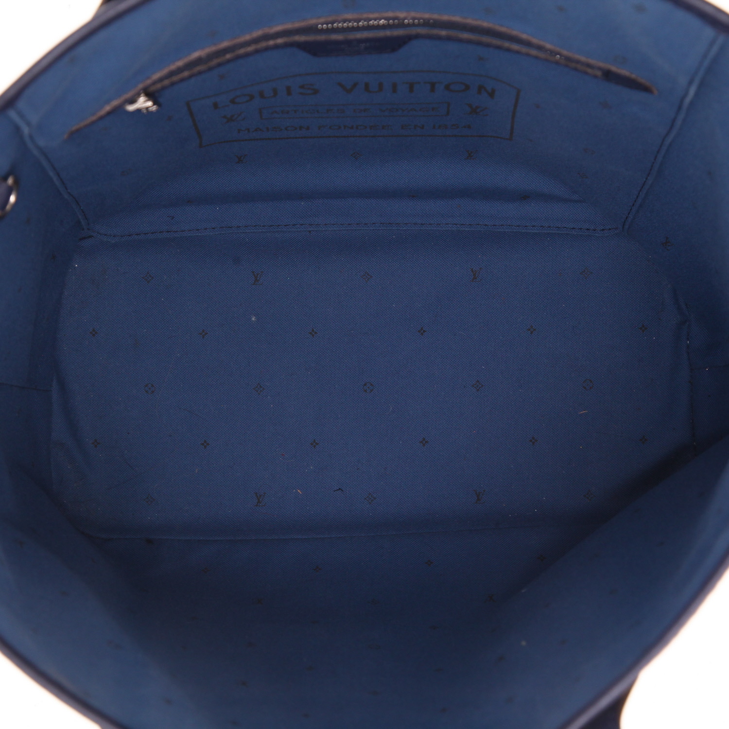 Sac cabas Louis Vuitton  Neverfull Editions Limitées moyen modèle  en toile monogram bleue et blanche et cuir bleu-marine - Detail D3