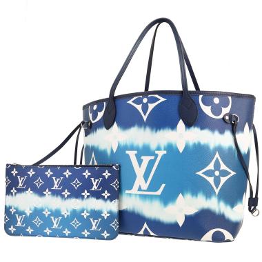Sac cabas Louis Vuitton  Neverfull Editions Limitées moyen modèle  en toile monogram bleue et blanche et cuir bleu-marine