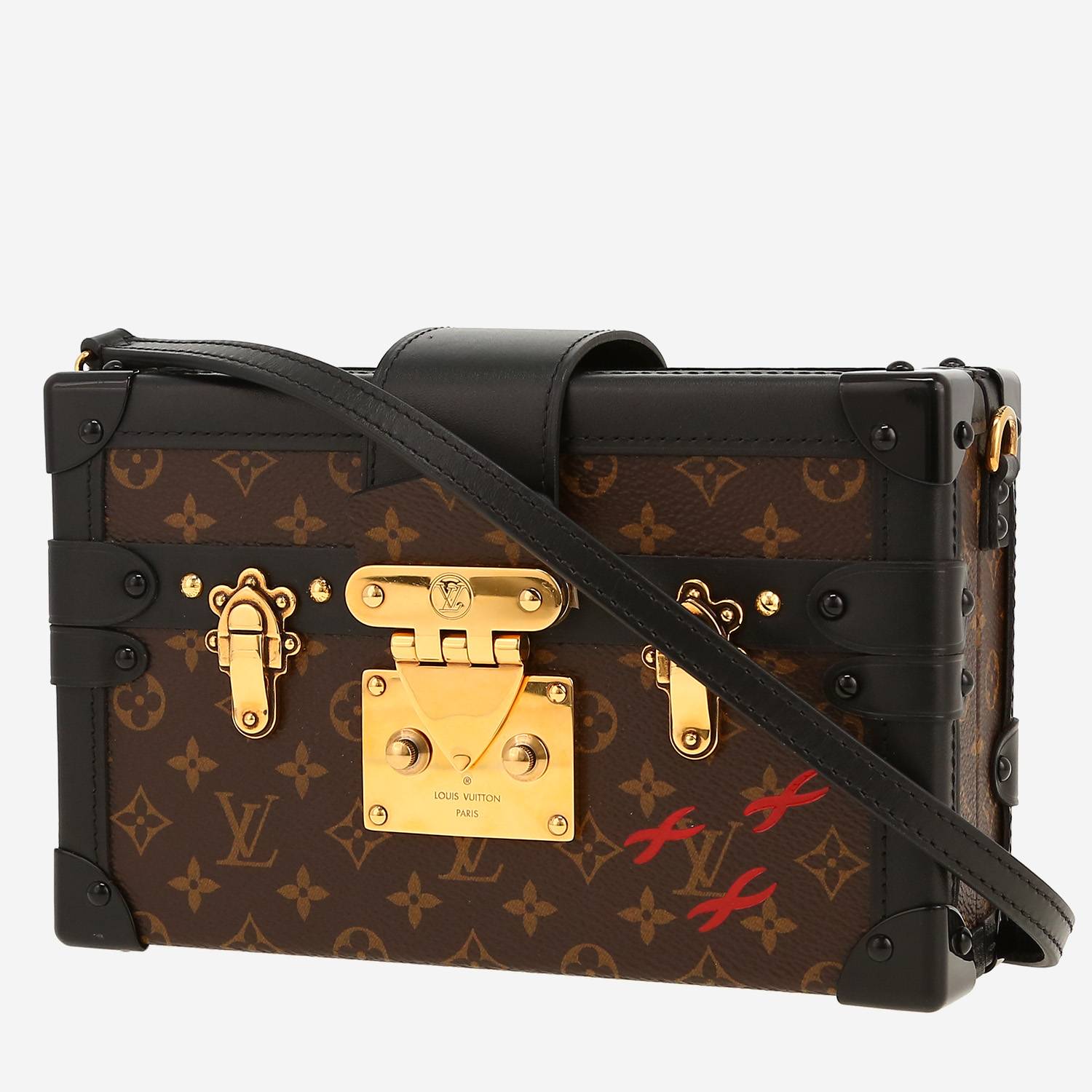 Malle Louis Vuitton  Petite Malle en toile monogram marron et cuir noir