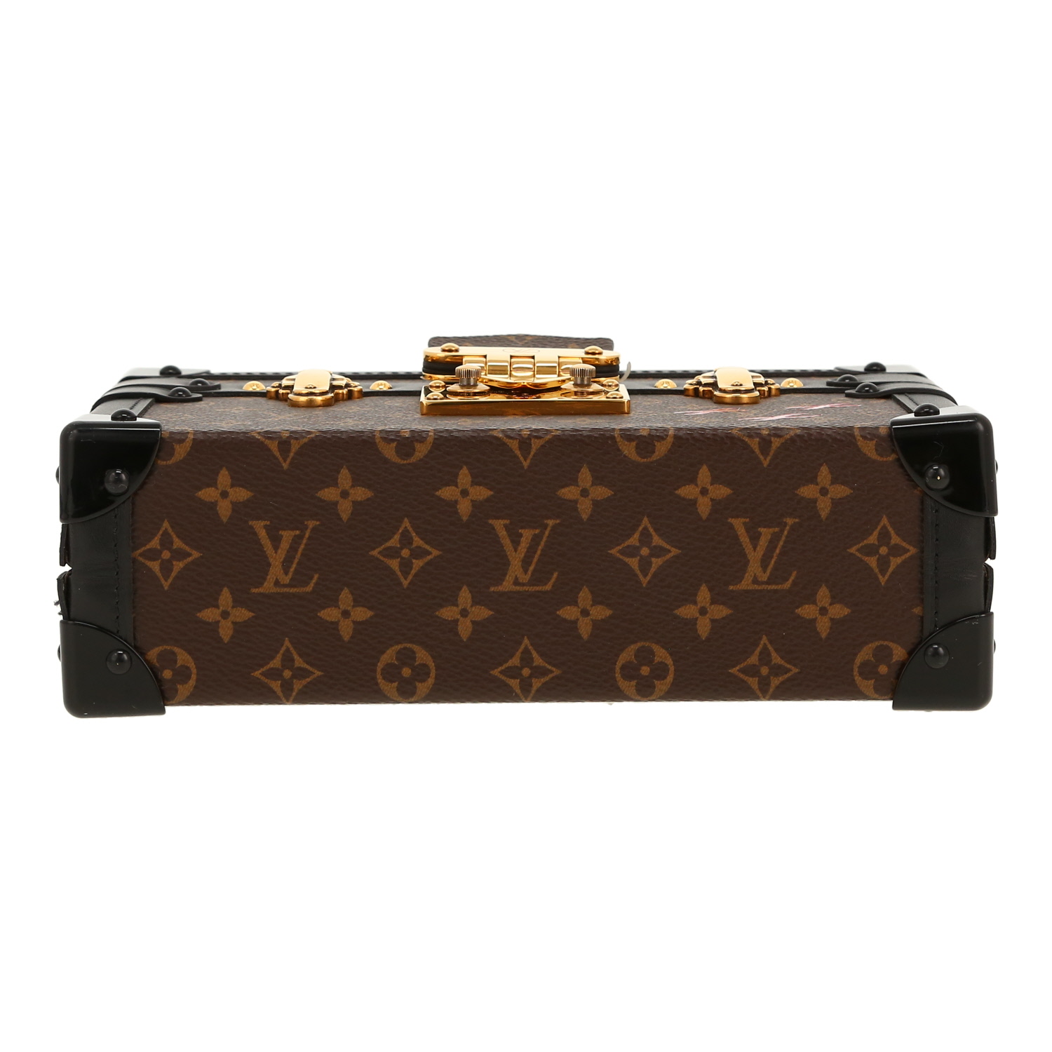 Baul Louis Vuitton  Petite Malle en lona Monogram marrón y cuero negro - Detail D1
