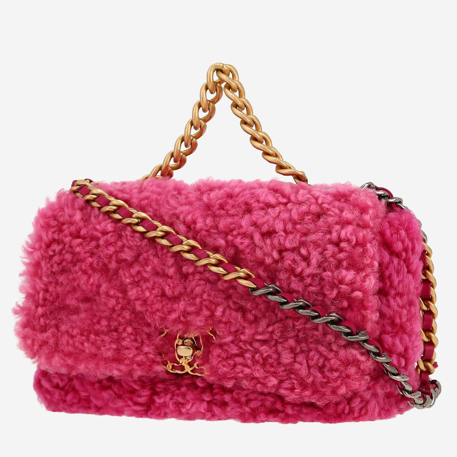 Chanel  19 medium model  shoulder bag  in pink synthetic furr