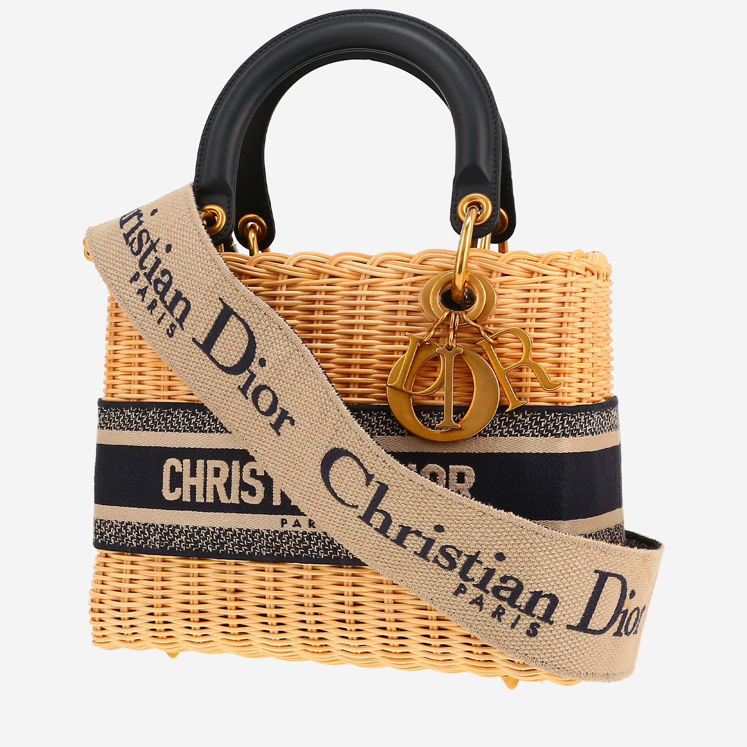 Dior  Lady Dior handbag  in beige wicker  and navy blue leather