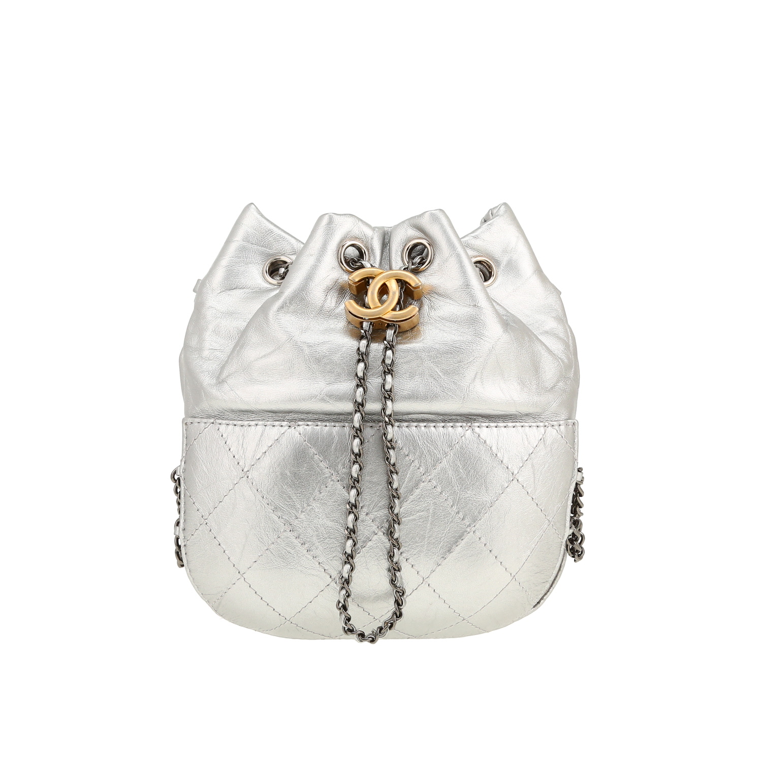 Sac bandoulière Chanel  Gabrielle Bucket en cuir argenté - Detail D4