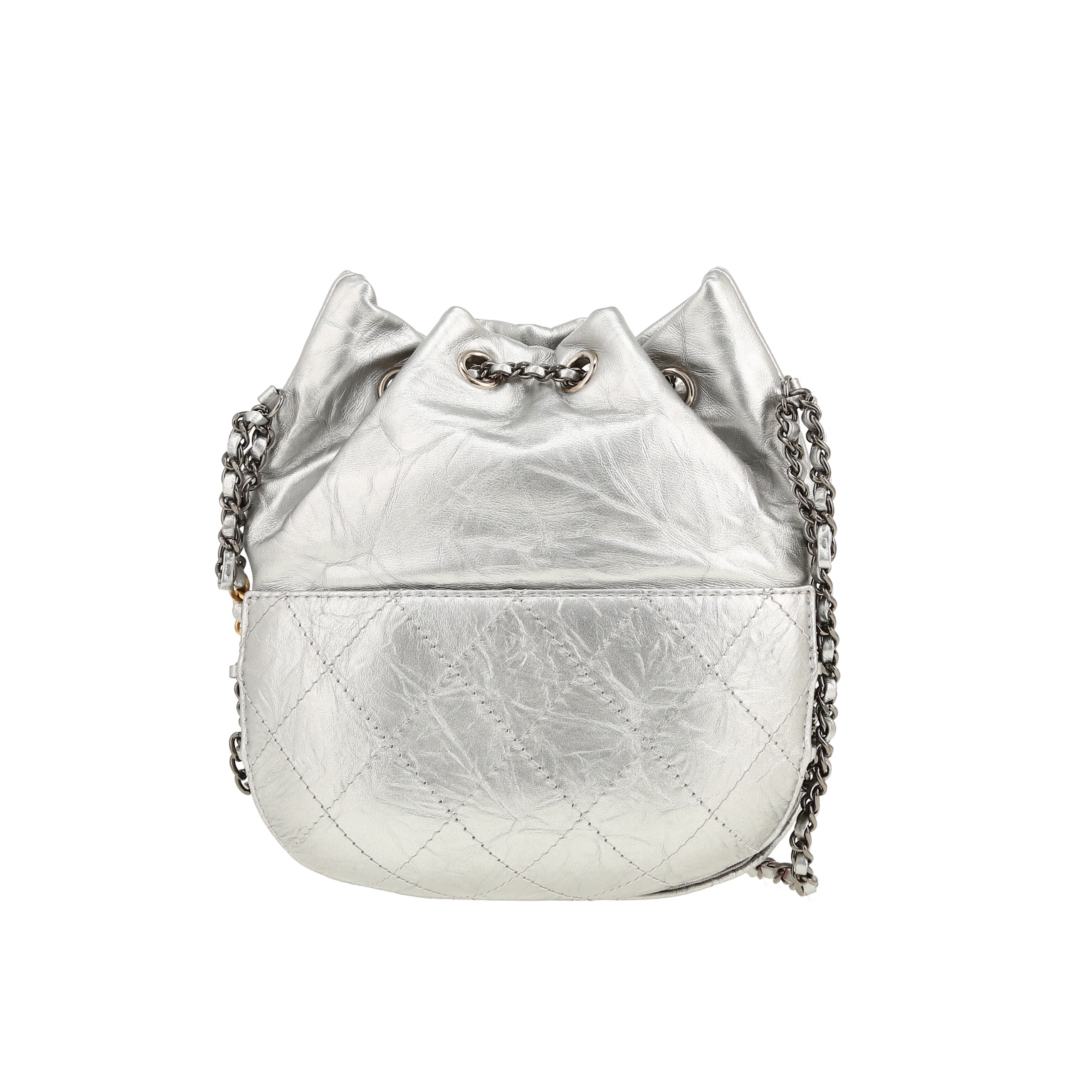Chanel  Gabrielle Bucket shoulder bag  in silver leather - Detail D7