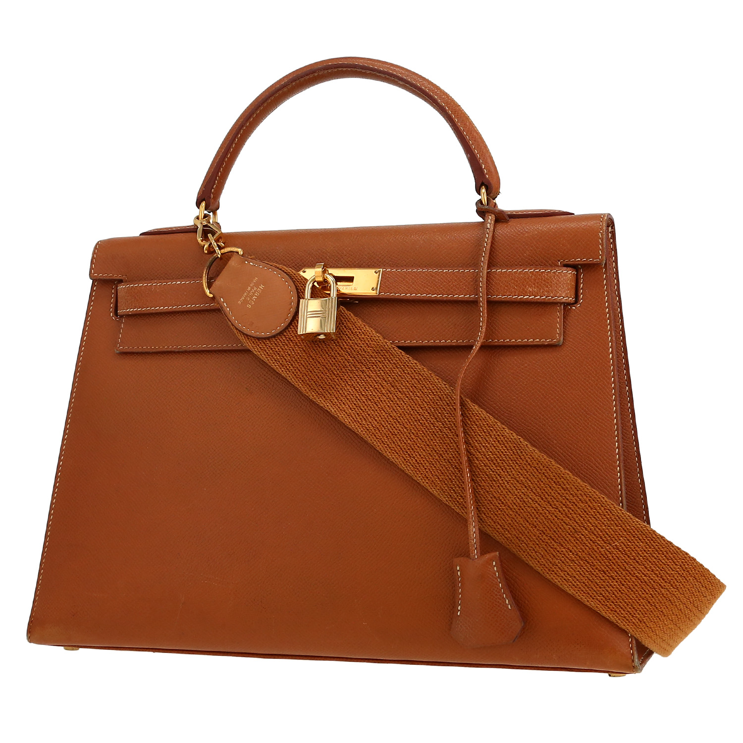 Bolso de mano Hermès  Kelly 32 cm en cuero Courchevel color oro - Detail D5