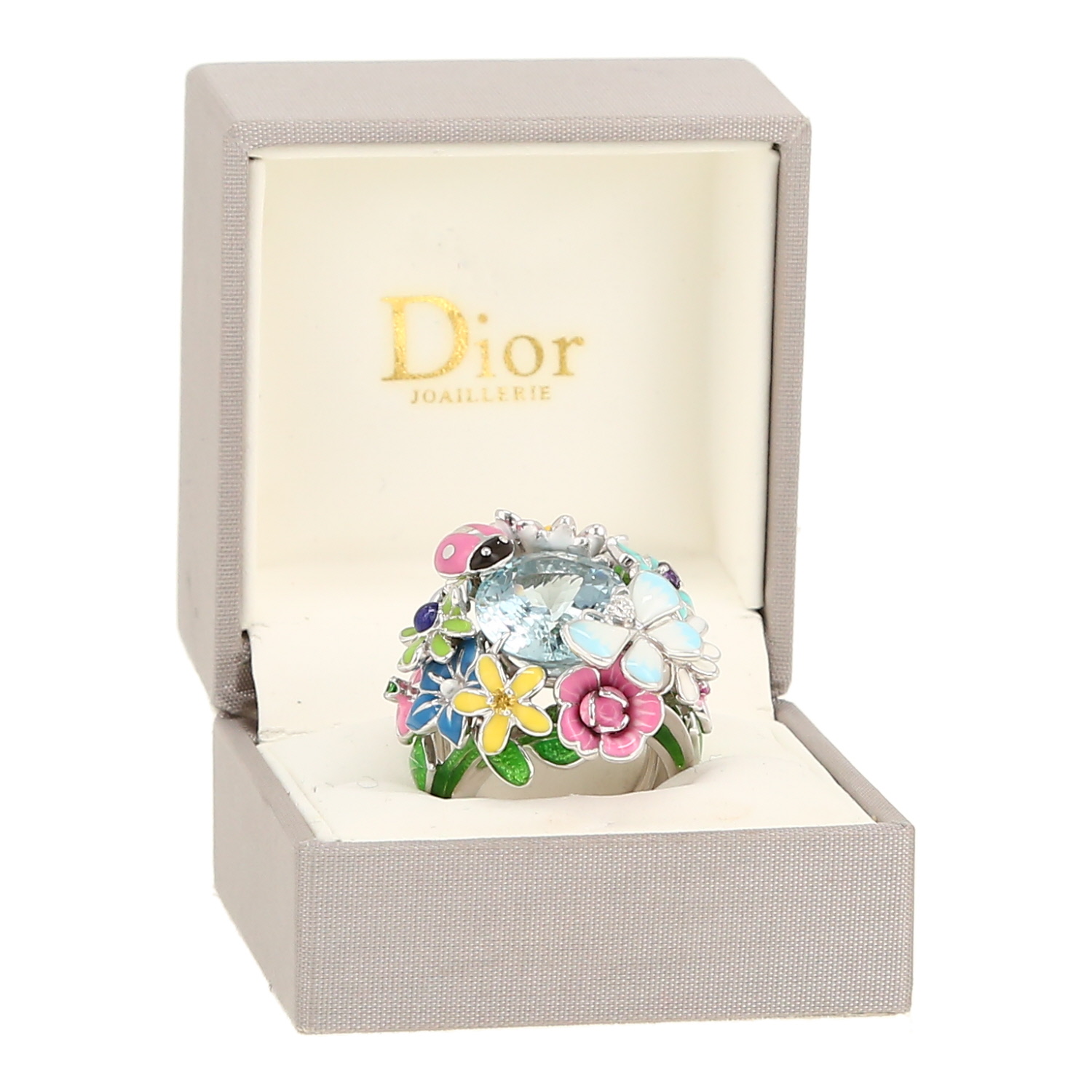 Bague Dior Diorette en or blanc, émail, diamant et pierres de couleurs - Detail D2