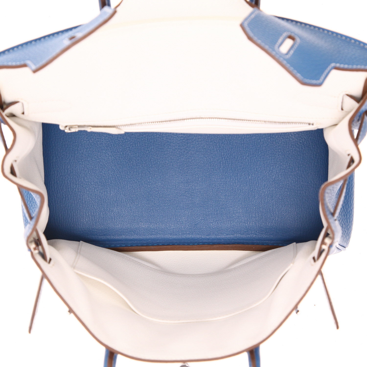 Borsa Hermès  Birkin 30 cm in pelle togo blu Mykonos e bianca - Detail D3