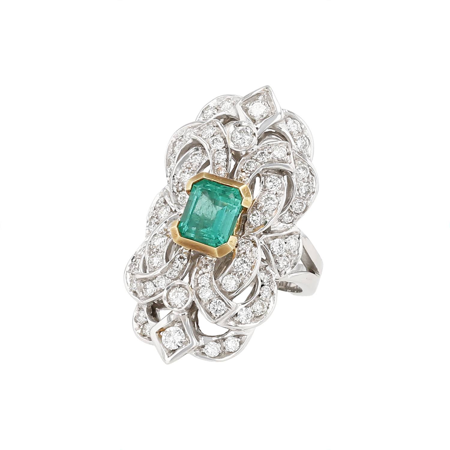 Anello Vintage  in oro giallo, oro biancho, smeraldo e diamanti - 00pp