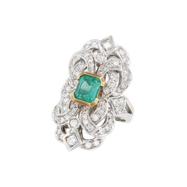 Vintage  ring in yellow gold, white gold, emerald and diamonds