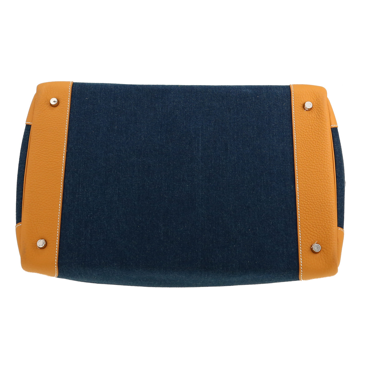 Sac de week end Hermès  Haut à Courroies en denim bleu et cuir togo Sésame - Detail D1