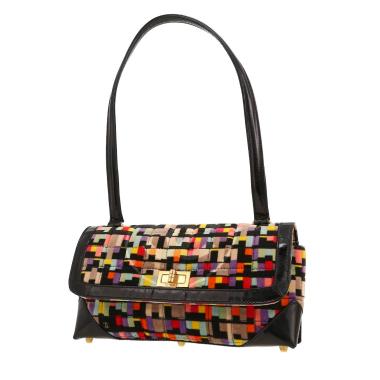 Sac à main Chanel  Vintage en toile matelassée multicolore et cuir verni noir