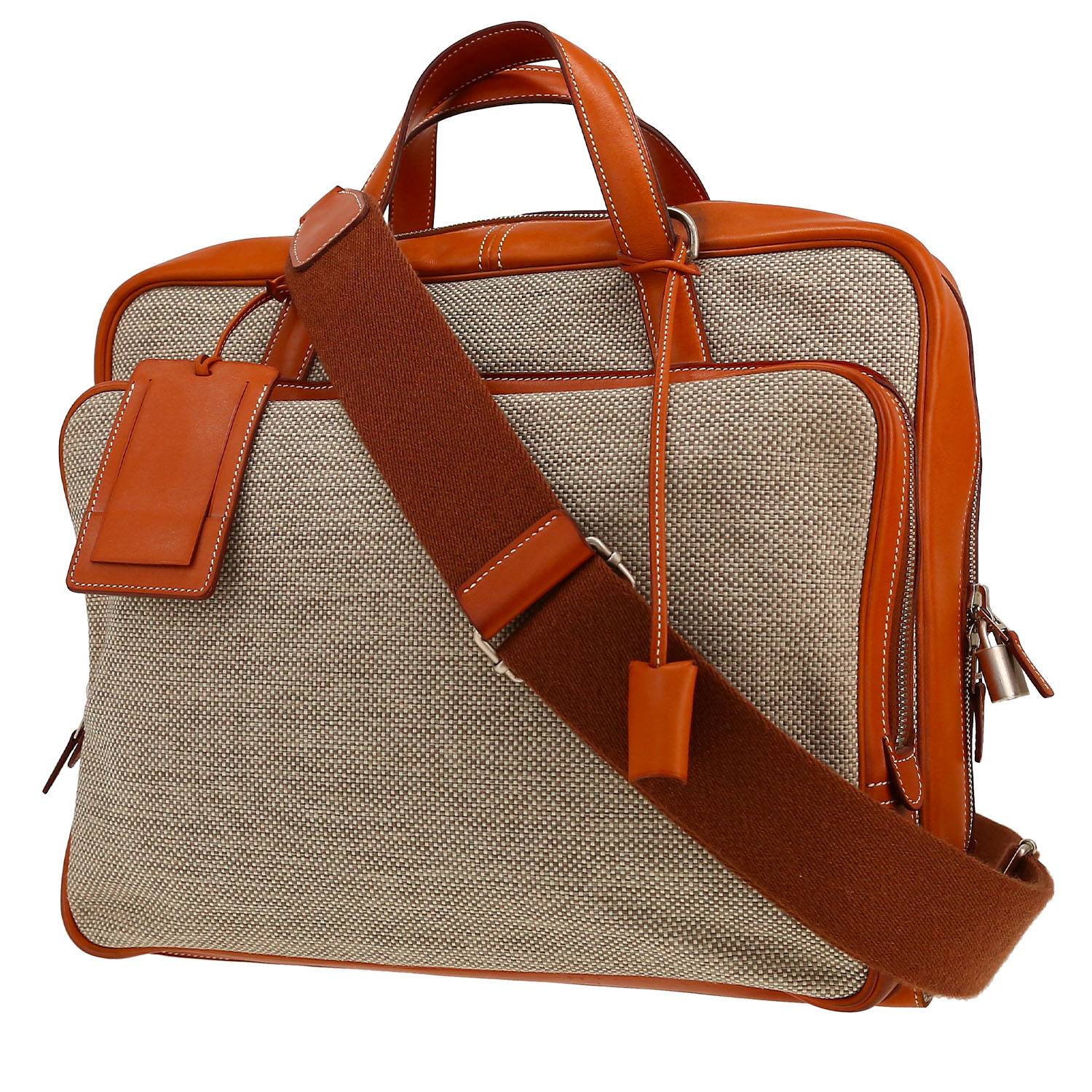 Porta-documentos Hermès  Calèche-Express en tejido "H" beige y cuero Barenia color oro