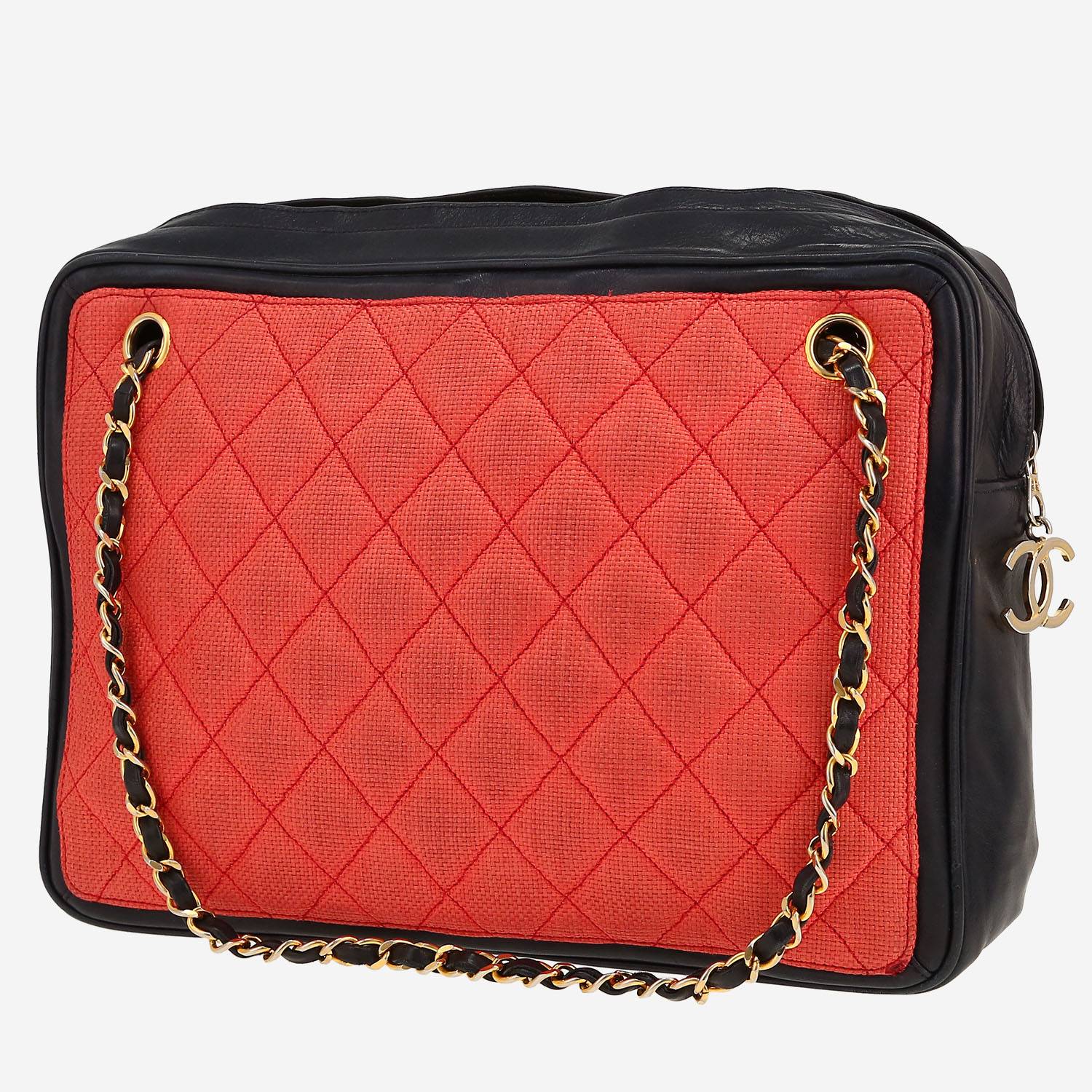 Bolso de mano Chanel  Vintage en raffia roja y cuero azul marino