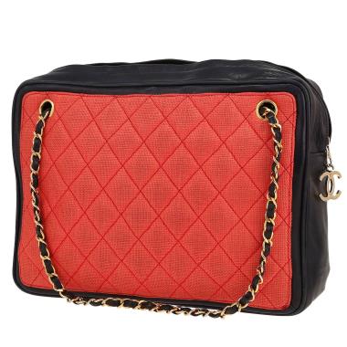 Sac à main Chanel  Vintage en raffia rouge et cuir bleu-marine