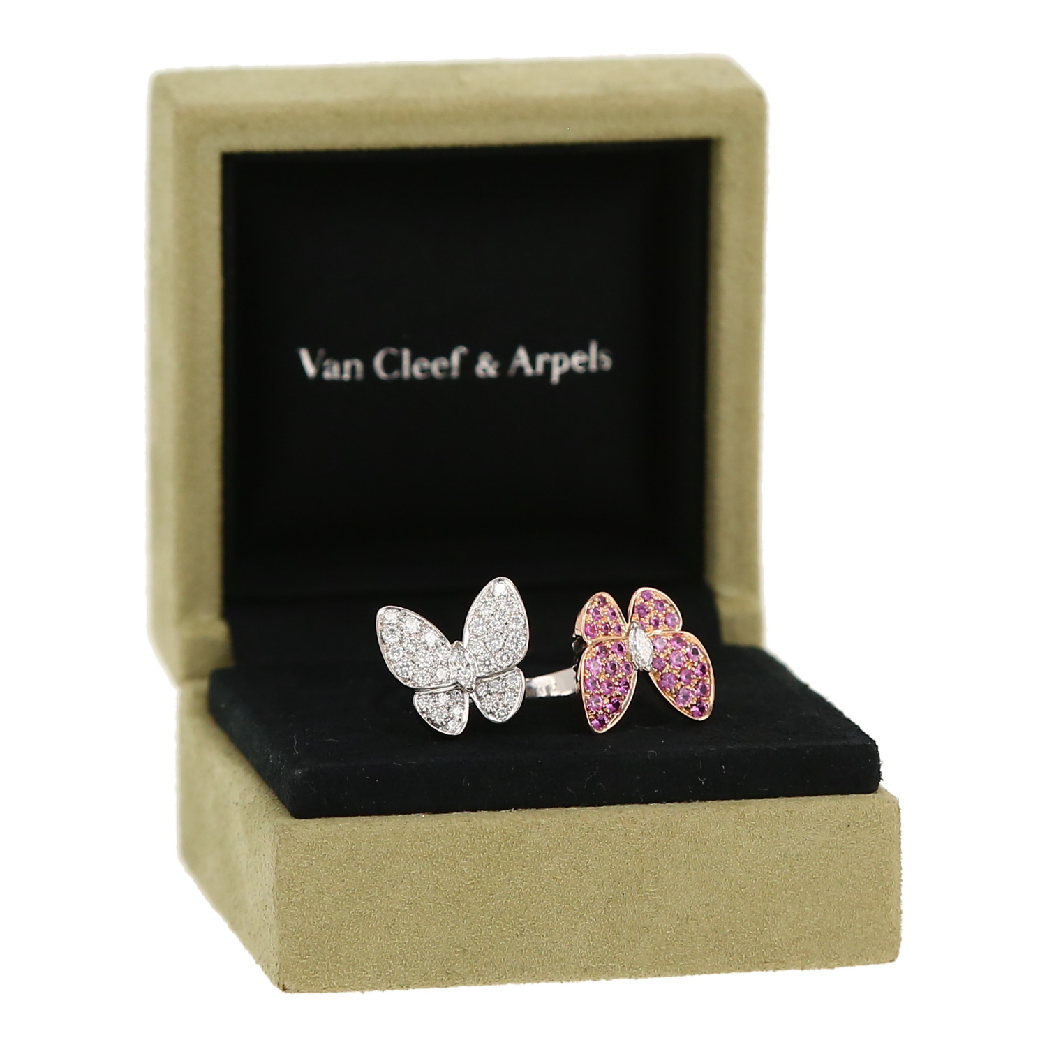 Anello Van Cleef & Arpels Deux Papillons Entre Les Doigts in oro bianco,  oro rosa e zaffiri rosa - Detail D2