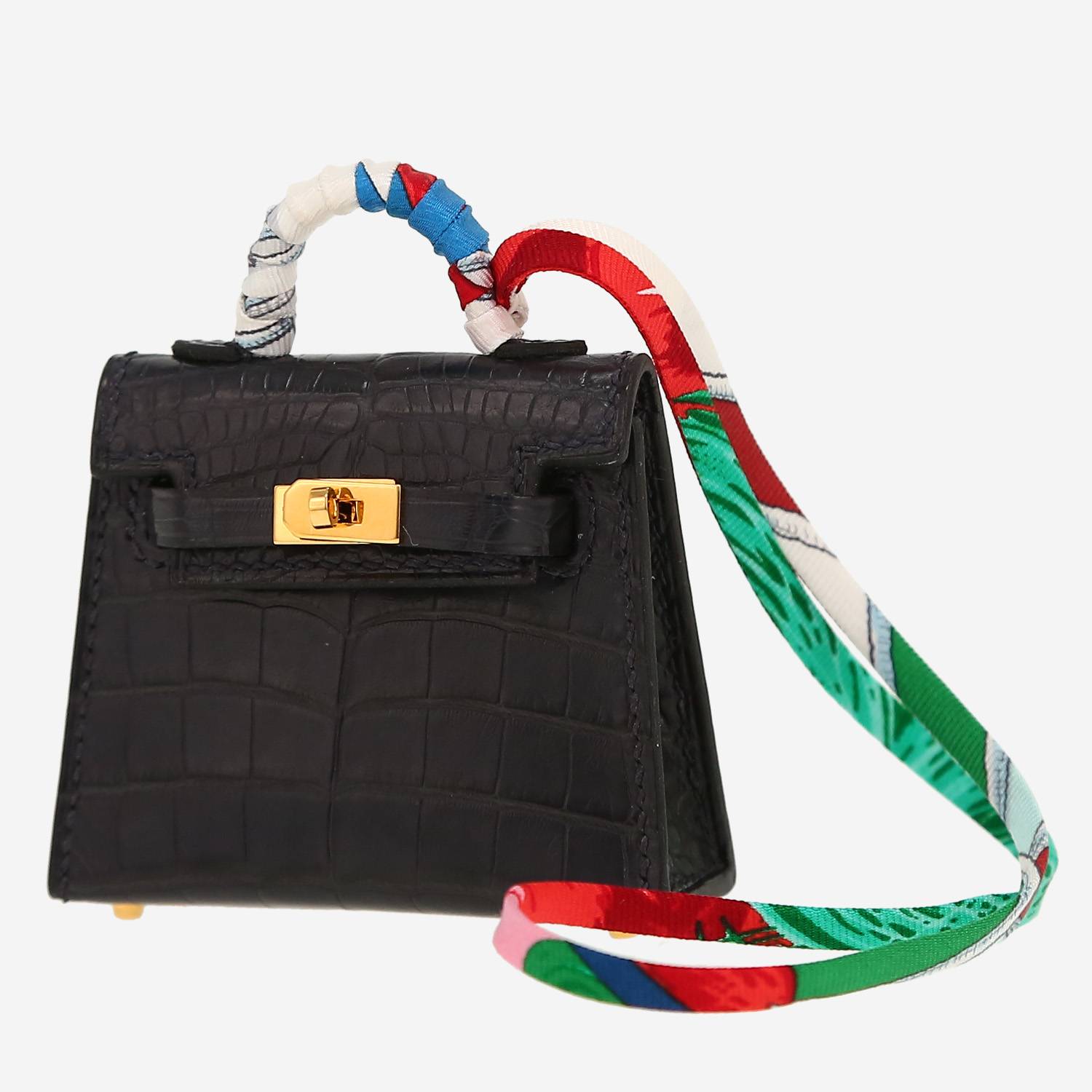 Hermès  Kelly Twilly bag charm key-ring  in black alligator  and multicolor satin
