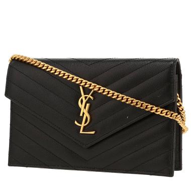 Sac bandoulière Saint Laurent  Cassandre Envelope Chain Wallet en cuir grainé matelassé noir