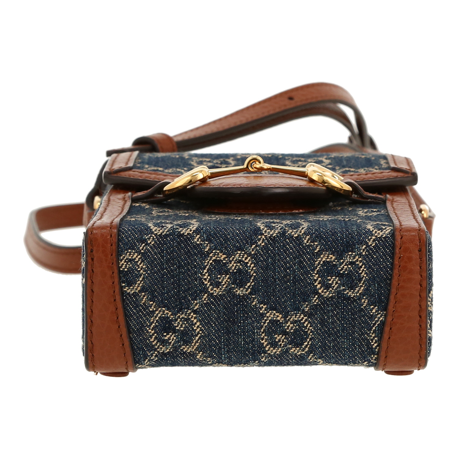 Sac bandoulière Gucci  1955 Horsebit en toile sûpreme GG bleue et cuir marron - Detail D1