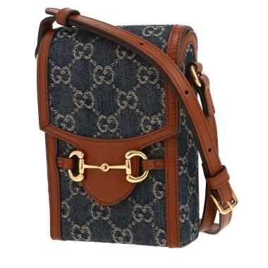 Sac bandoulière Gucci  1955 Horsebit en toile sûpreme GG bleue et cuir marron