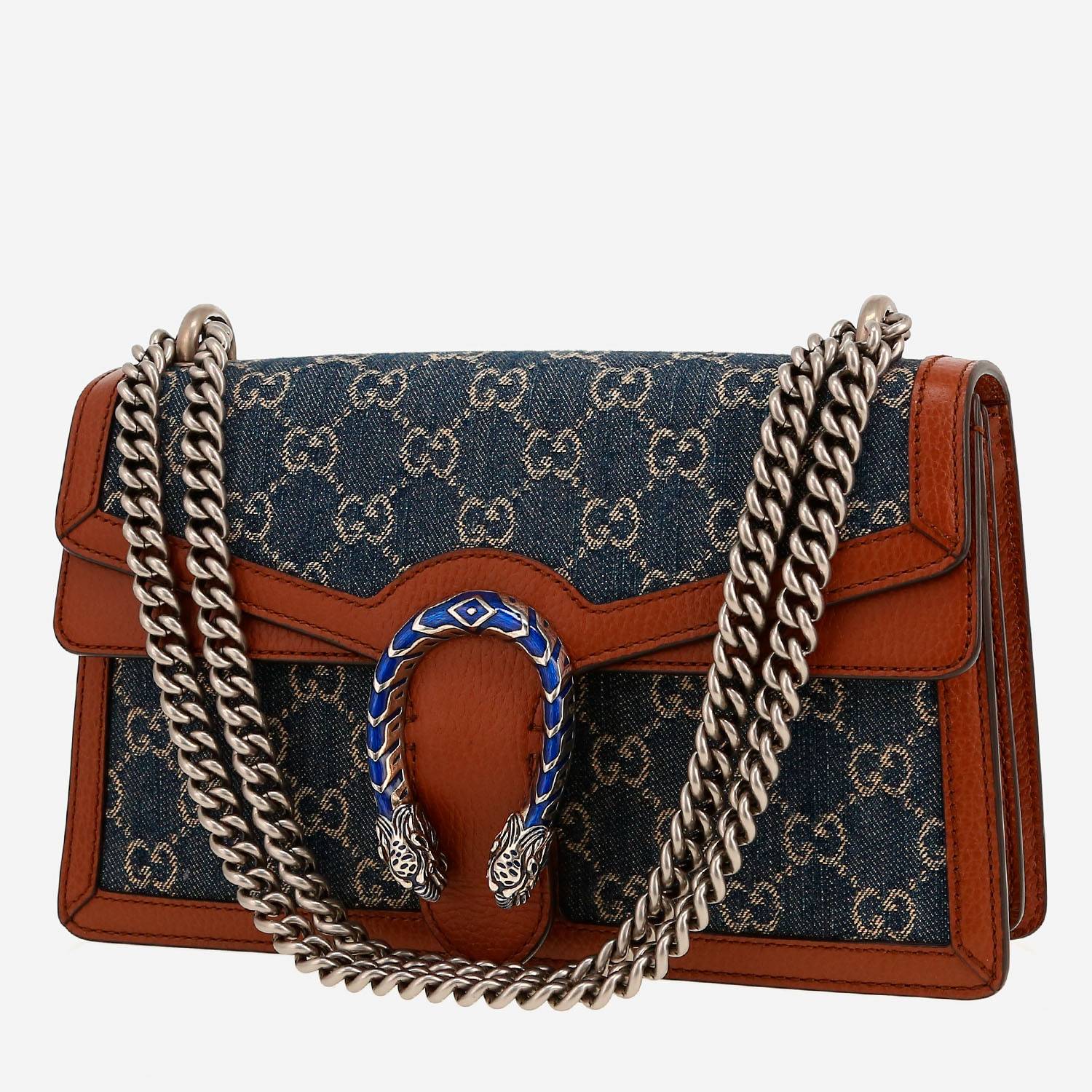 Sac à main Gucci  Dionysus en toile denim monogrammée bleue et cuir marron