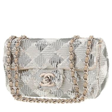 Borsa a tracolla Chanel  Timeless Mini in pelle argentata e paillettes argentate