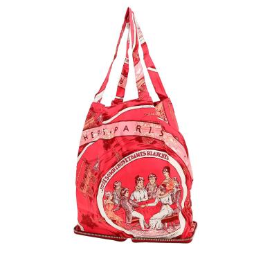 Sac cabas Hermès  Silky Pop - Shop Bag en toile imprimée rouge et cuir grainé bordeaux