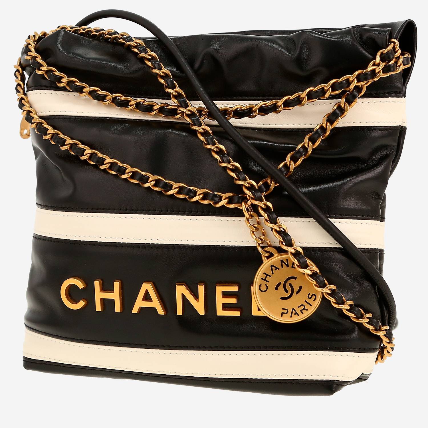 Sac bandoulière Chanel  22 mini  en cuir noir et blanc