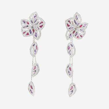 Paire de boucles d'oreilles Cartier Caresse d'Orchidées en or blanc, diamants et pierres de couleurs