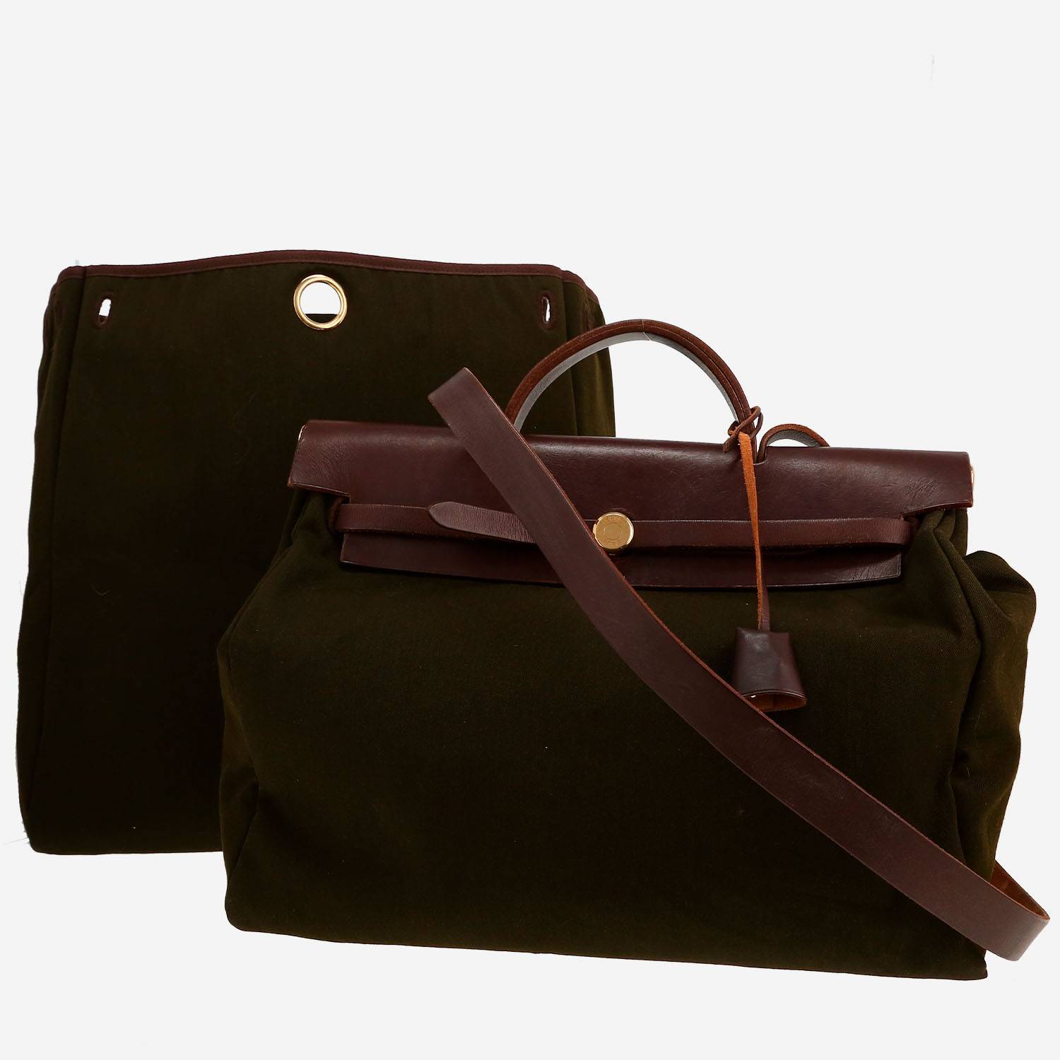 Hermès  Herbag bag worn on the shoulder or carried in the hand  in khaki canvas  and brown leather