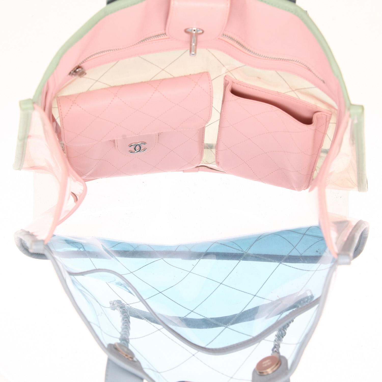 Sac cabas Chanel  Coco Splash en cuir et PVC rose bleu et vert - Detail D3