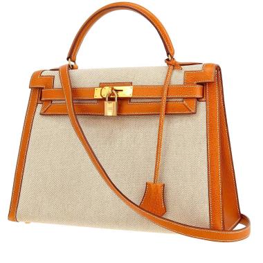 Bolso de mano Hermès  Kelly 32 cm en lona beige y cuero de Pecarí color oro