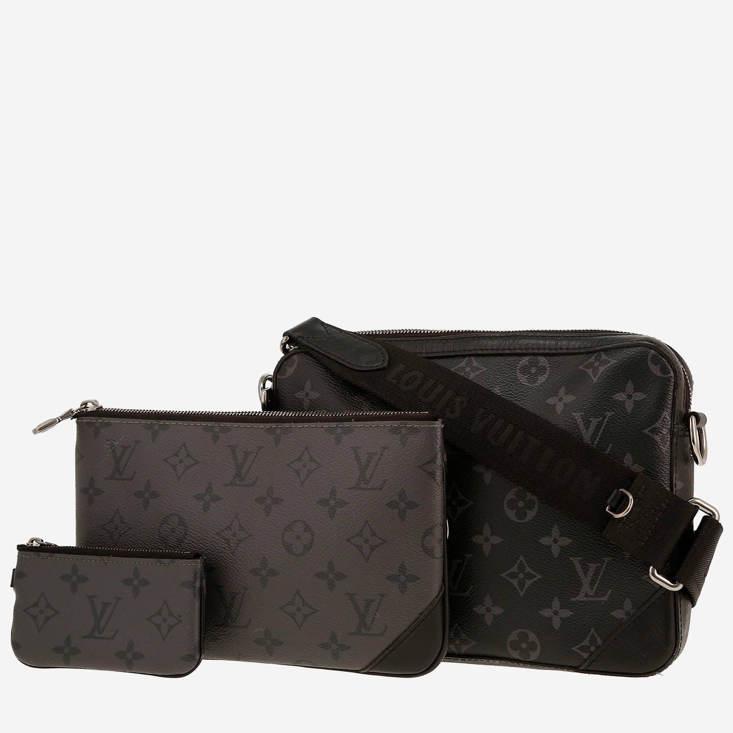 Sac bandoulière Louis Vuitton en toile monogram Reverso noire et grise et cuir noir - 00pp