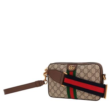 Gucci   shoulder bag  in beige logo canvas  and brown leather