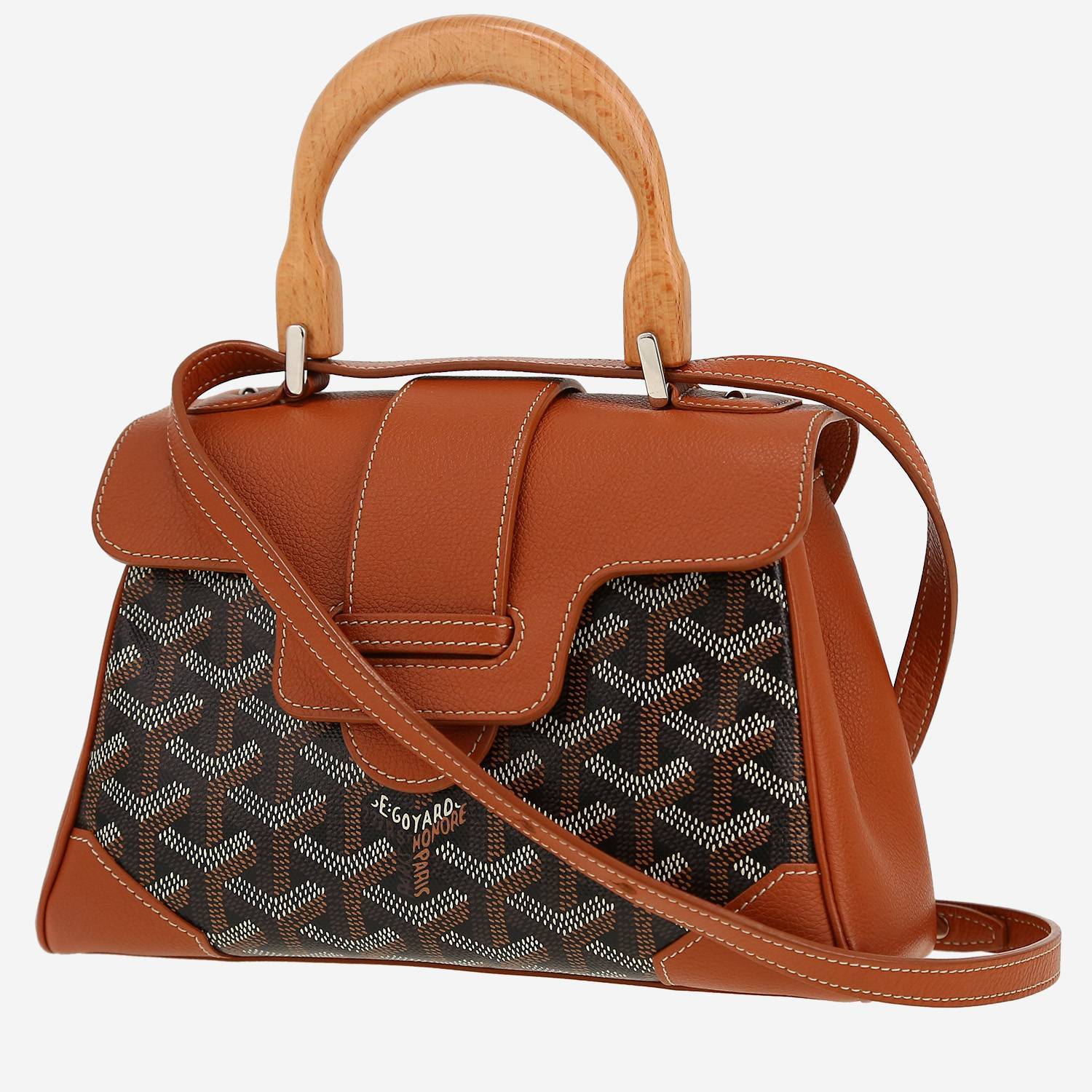 Goyard  Saigon small model  shoulder bag  in black Goyard canvas  and brown grained leather