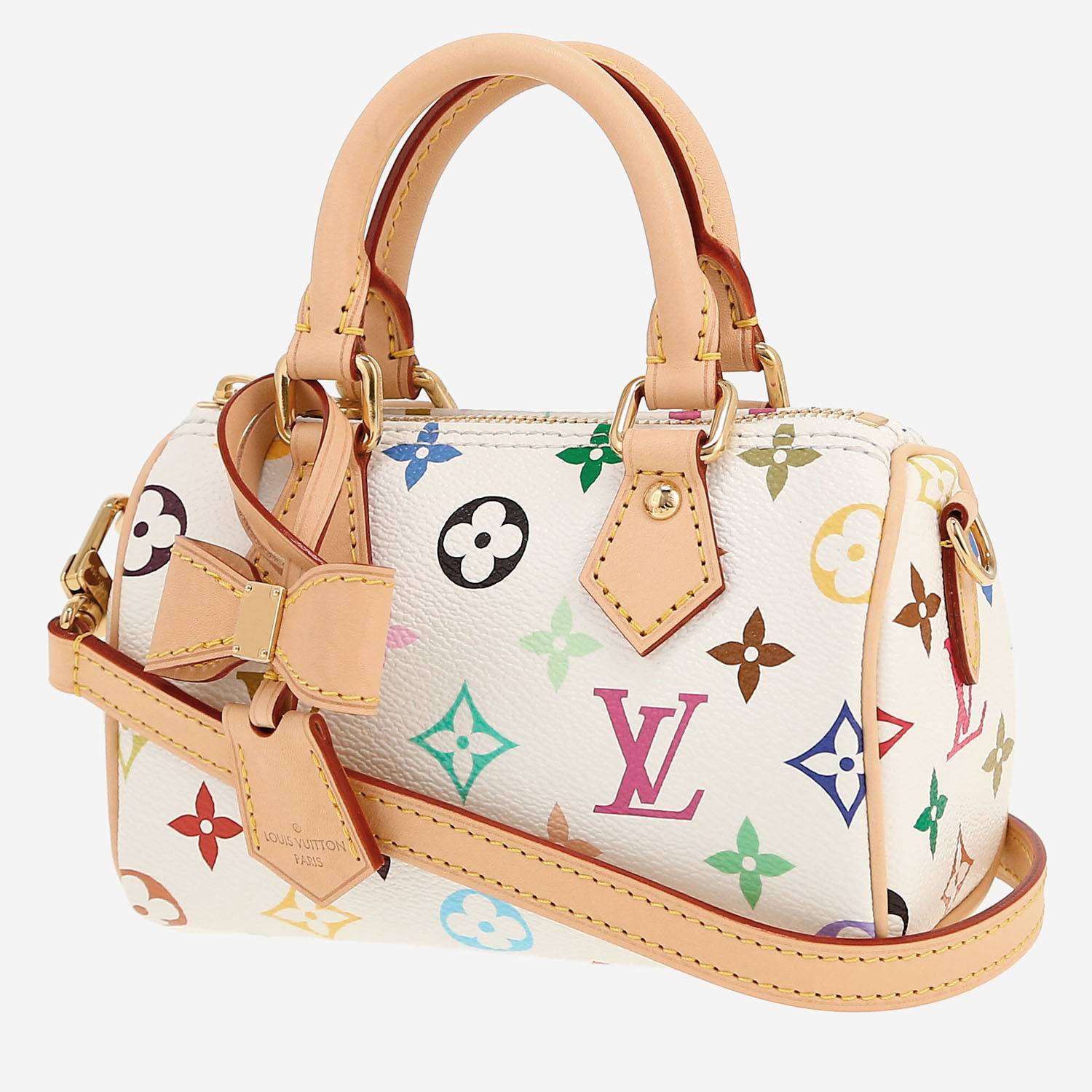 Sac bandoulière Louis Vuitton  Nano Speedy en toile monogram multicolore et blanche et cuir naturel