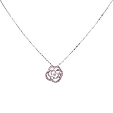 Ciondolo Chanel Camelia in oro bianco, zaffiri rosa e diamanti