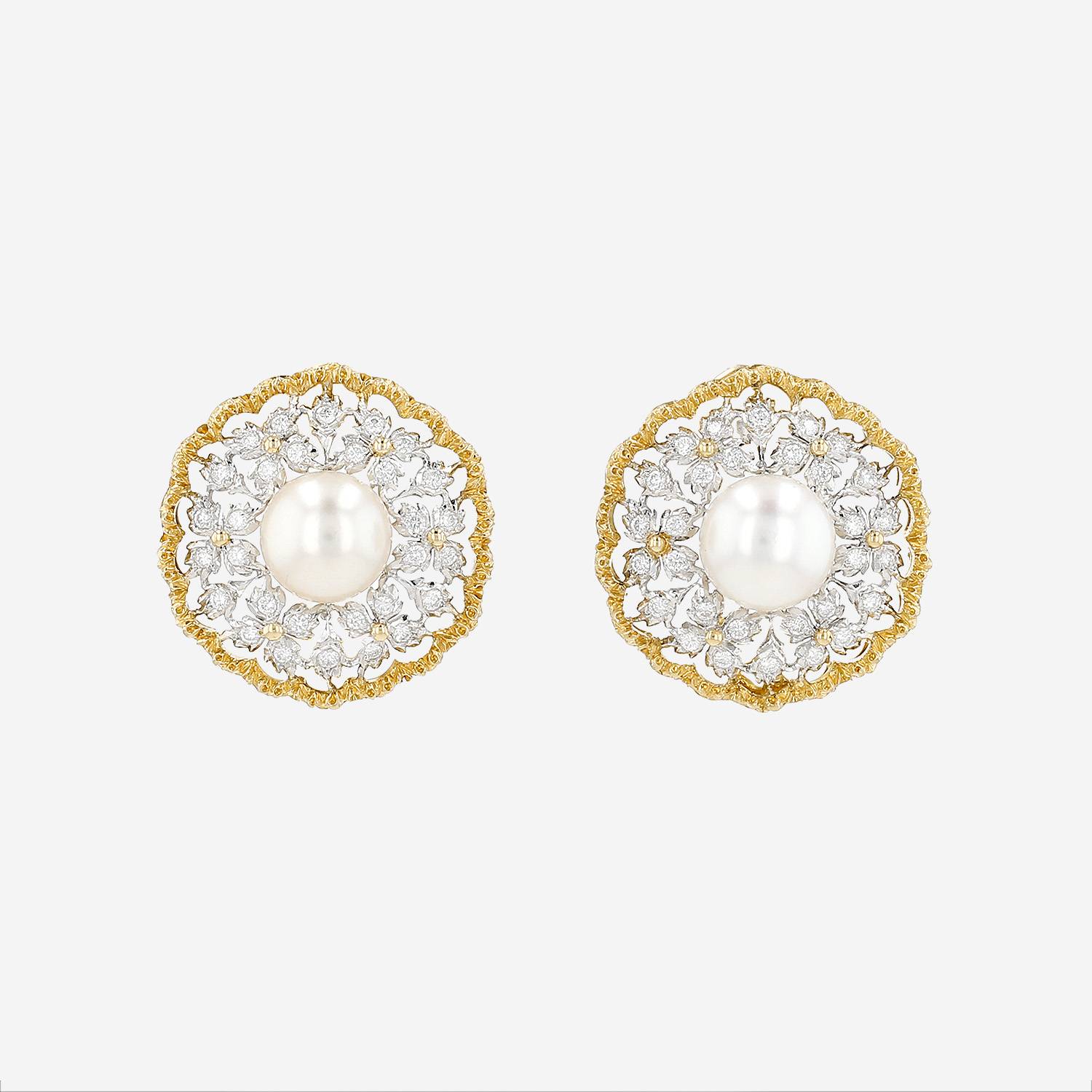 Orecchini Buccellati 3 File Fogliette in oro giallo, oro bianco, diamanti e perle coltivate