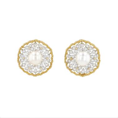 Buccellati 3 File Fogliette earrings in yellow gold, white gold, diamonds and cultured pearls