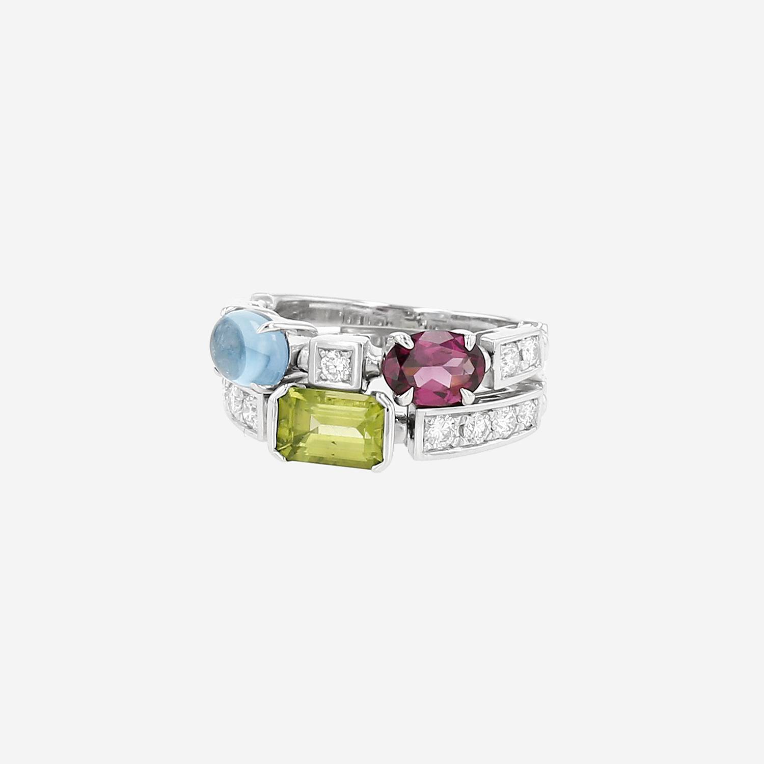 Articulated Bulgari Allegra medium model ring in white gold, diamonds and colored stones