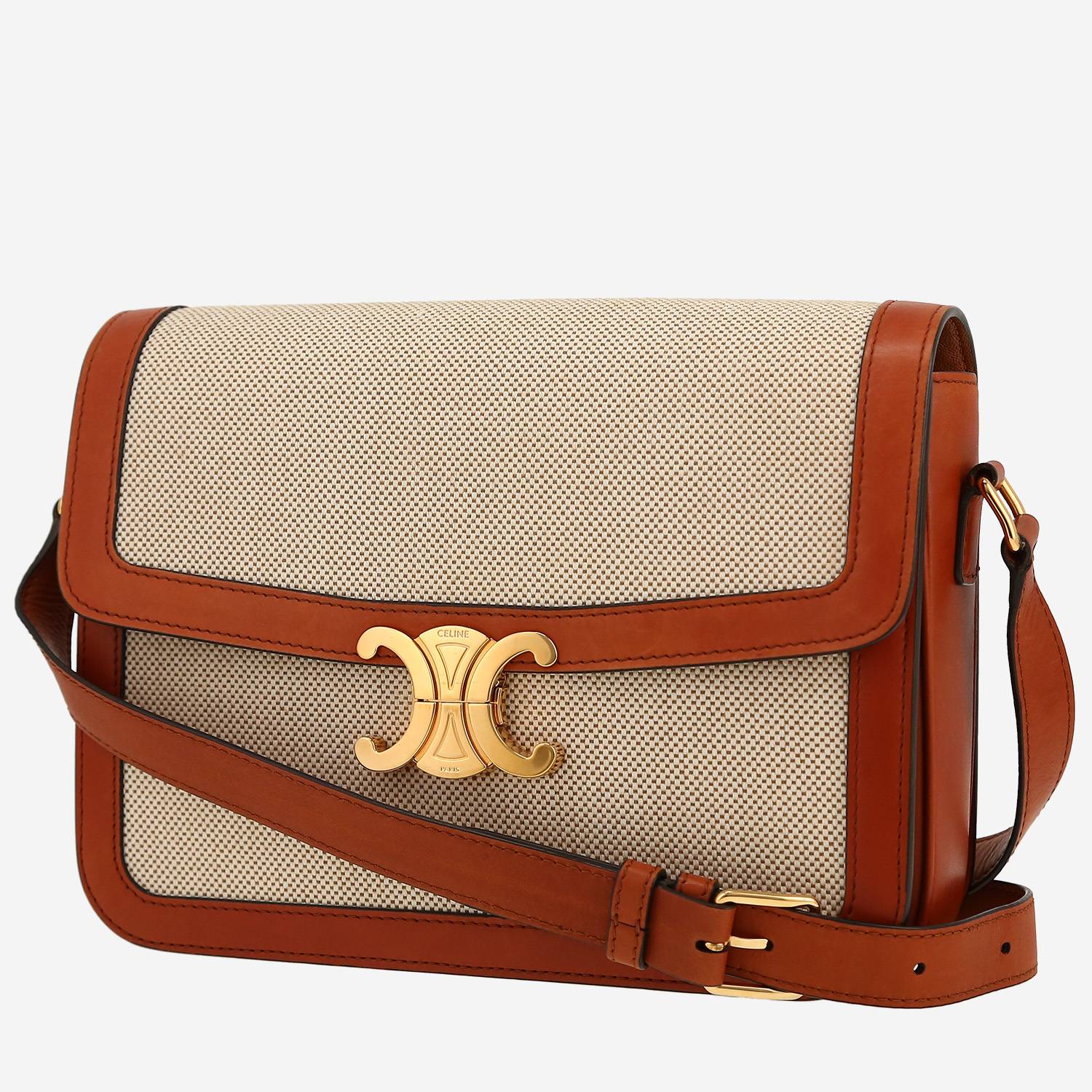 Celine  Triomphe shoulder bag  in brown leather  and beige canvas