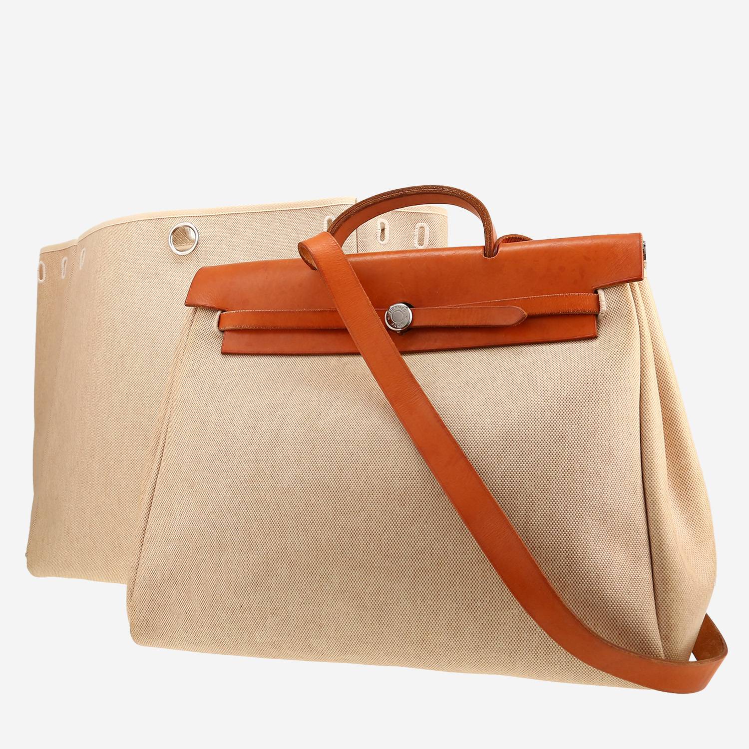 Hermès  Herbag bag worn on the shoulder or carried in the hand  in beige canvas  and Hunter cowhide