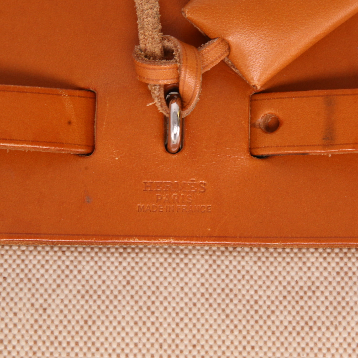 Borsa da spalla o a mano Hermès  Herbag in tela beige e mucca Hunter - Detail D2