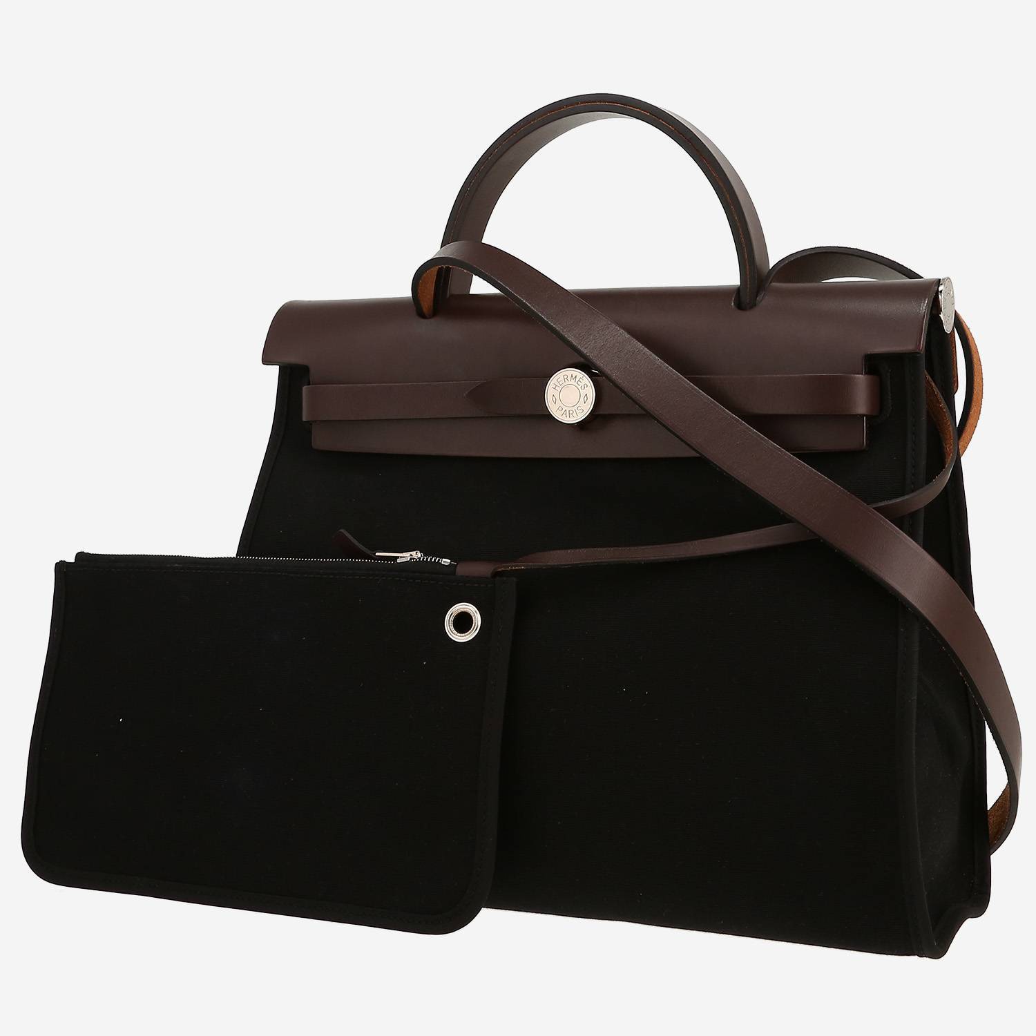 Borsa da spalla o a mano Hermès  Herbag in tela nera e pelle marrone