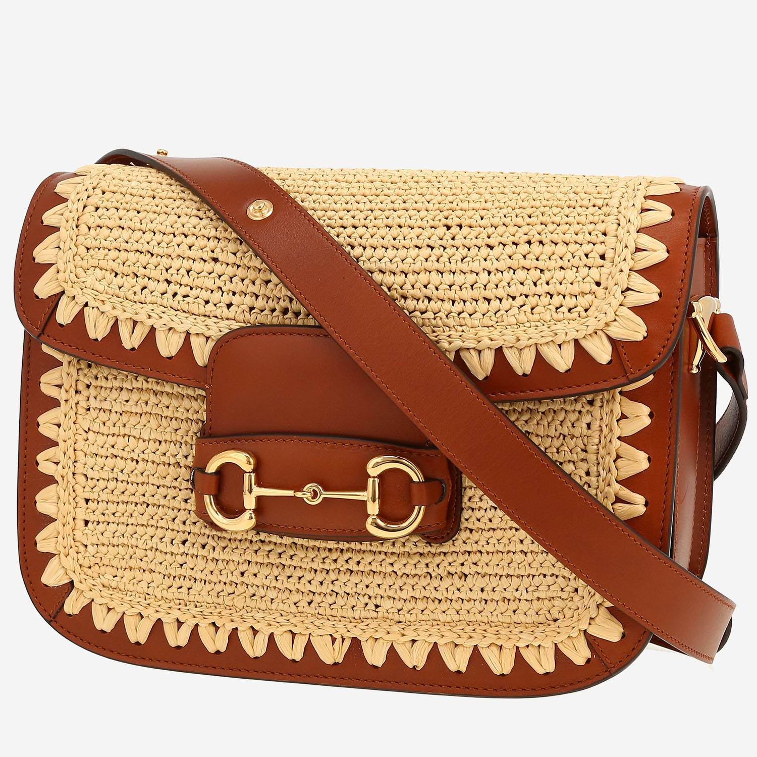 Gucci  1955 Horsebit shoulder bag  in brown leather  and beige raphia