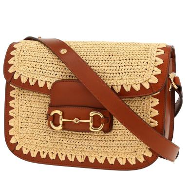 Gucci  1955 Horsebit shoulder bag  in brown leather  and beige raphia