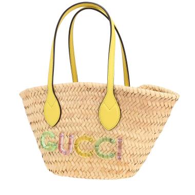 Shopping bag Gucci   in vimini beige e pelle gialla