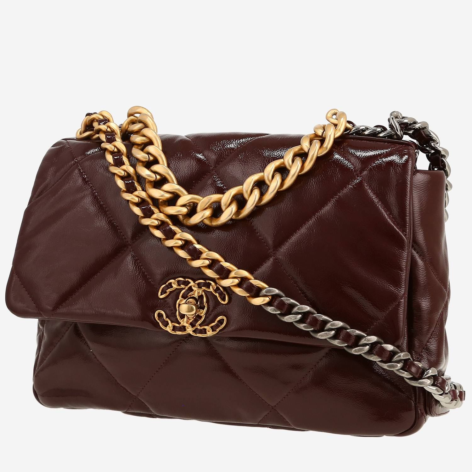 Sac bandoulière Chanel  19 en cuir verni matelassé bordeaux